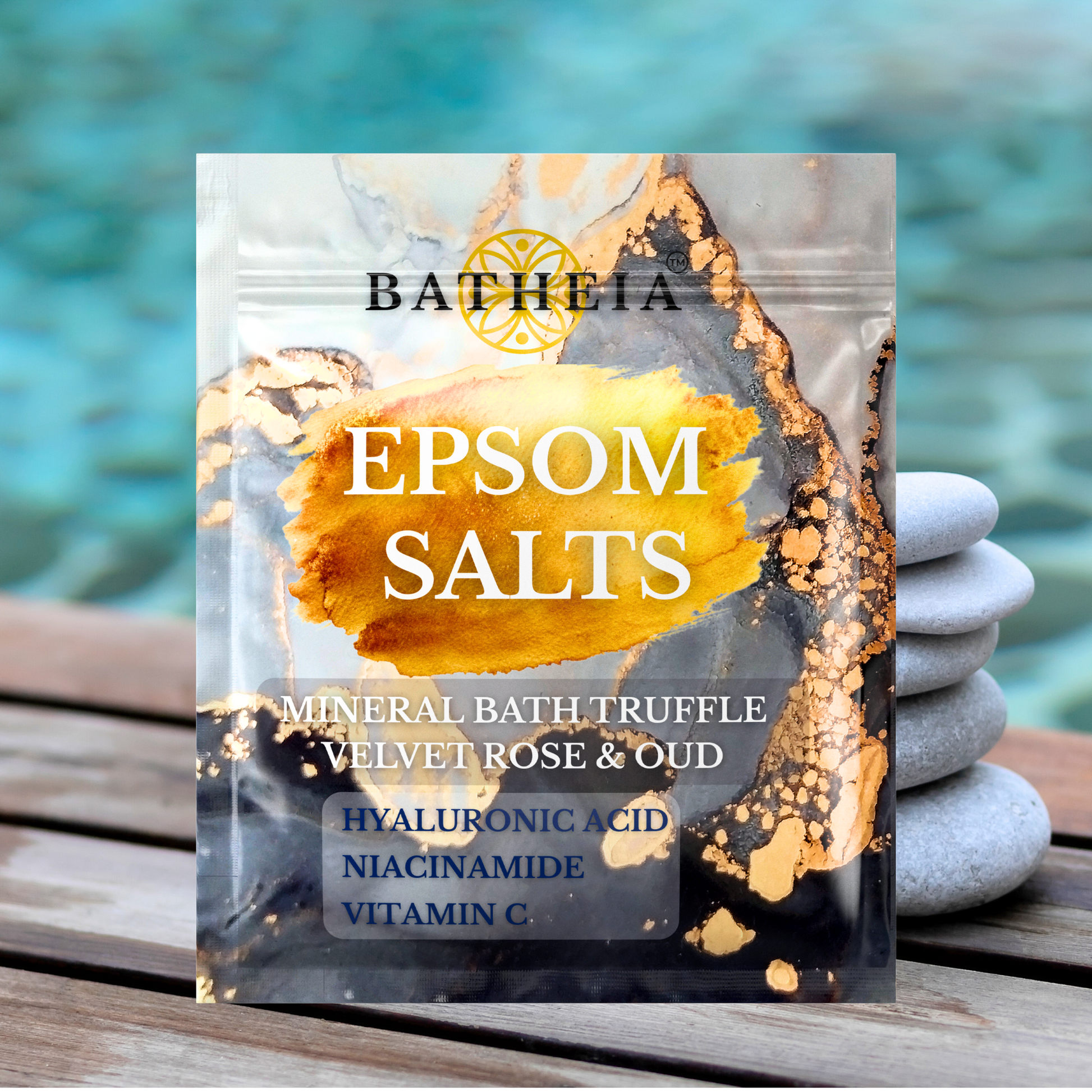 BATHEIA Epsom Bath Truffle with Hyaluronic Acid, Niacinamide & Vitamin C – Mineral-Rich Bath Soak for Soft Skin, Velvet Rose & Oud Scent
