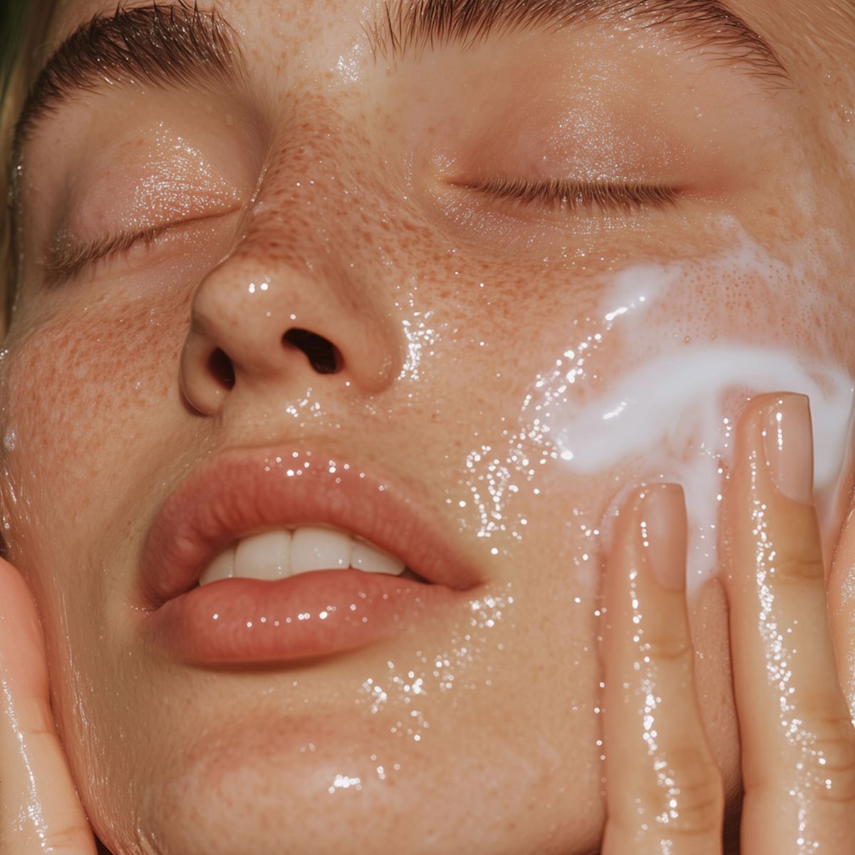 Woman with radiant, healthy skin – results of BATHEIA’s salicylic acid and niacinamide skincare ritual.