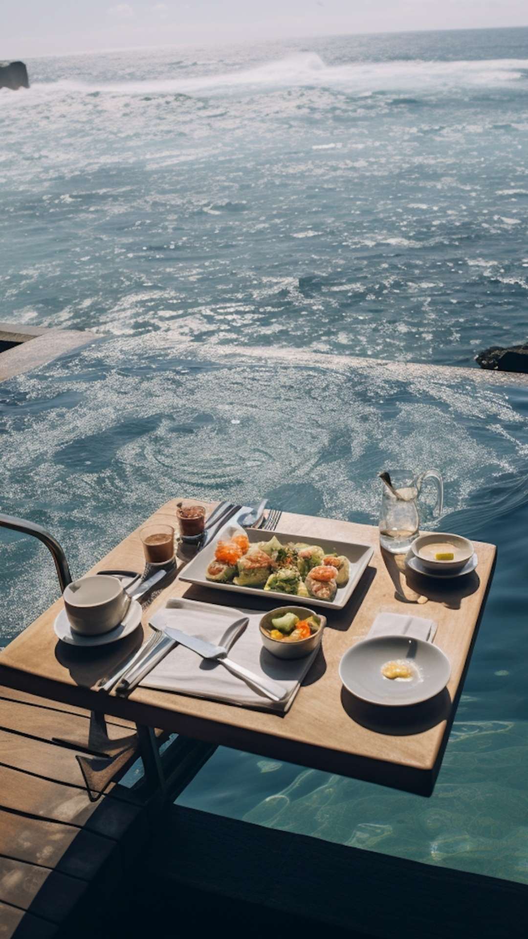 Luxury oceanside breakfast setting – BATHEIA skincare inspired by ocean calm and spa-like rituals for body and mind.