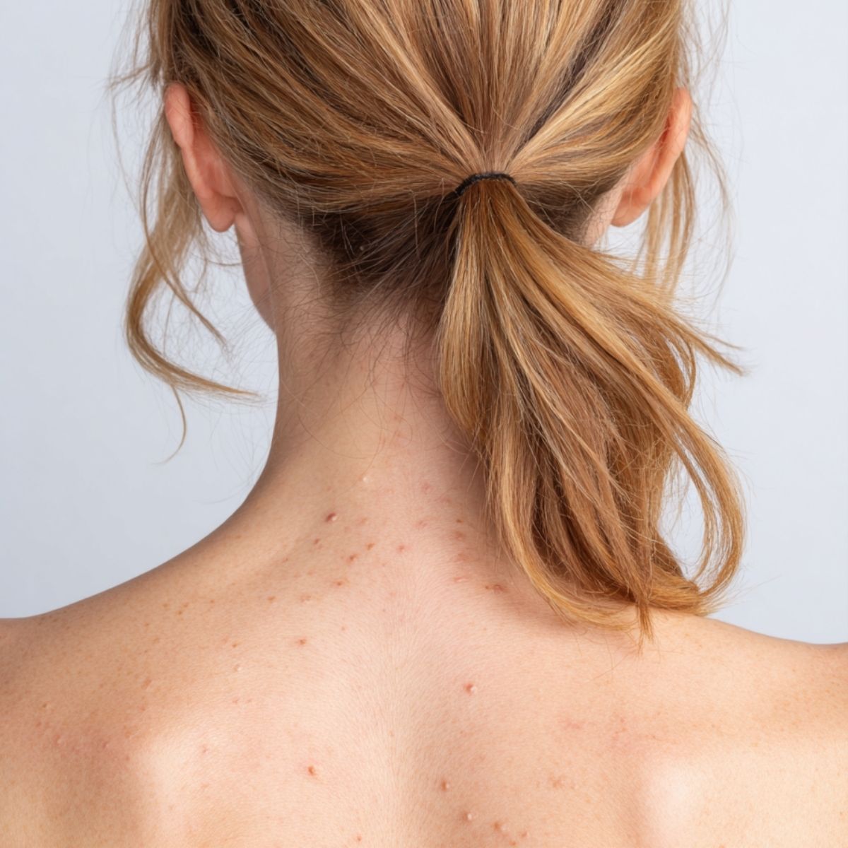 Before using BATHEIA 2% Salicylic Acid Body Wash – visible body acne, rough texture, and strawberry skin.
