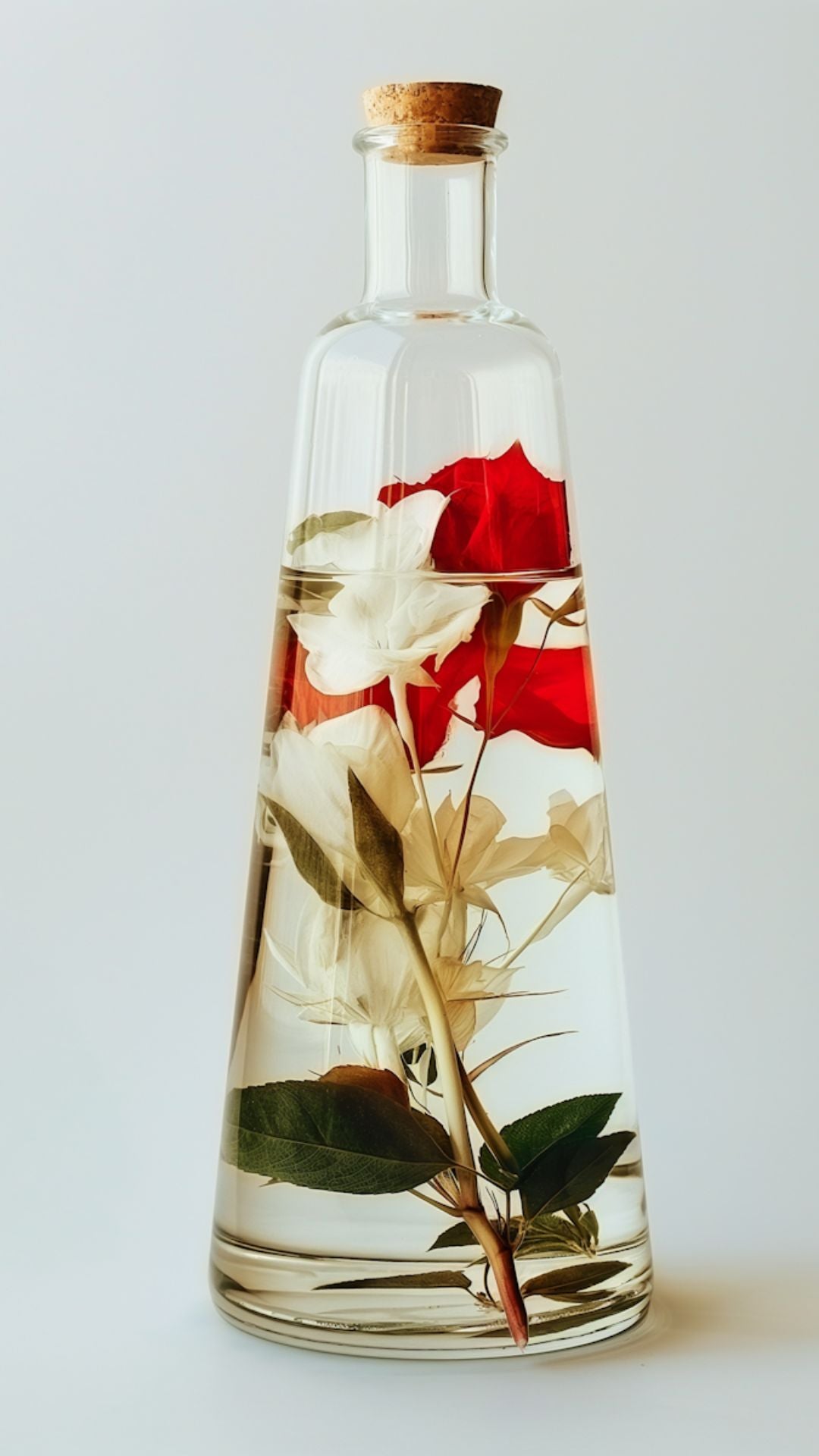 Flowers infused in clear liquid bottle – inspiration for BATHEIA’s active botanical skincare with niacinamide and centella.