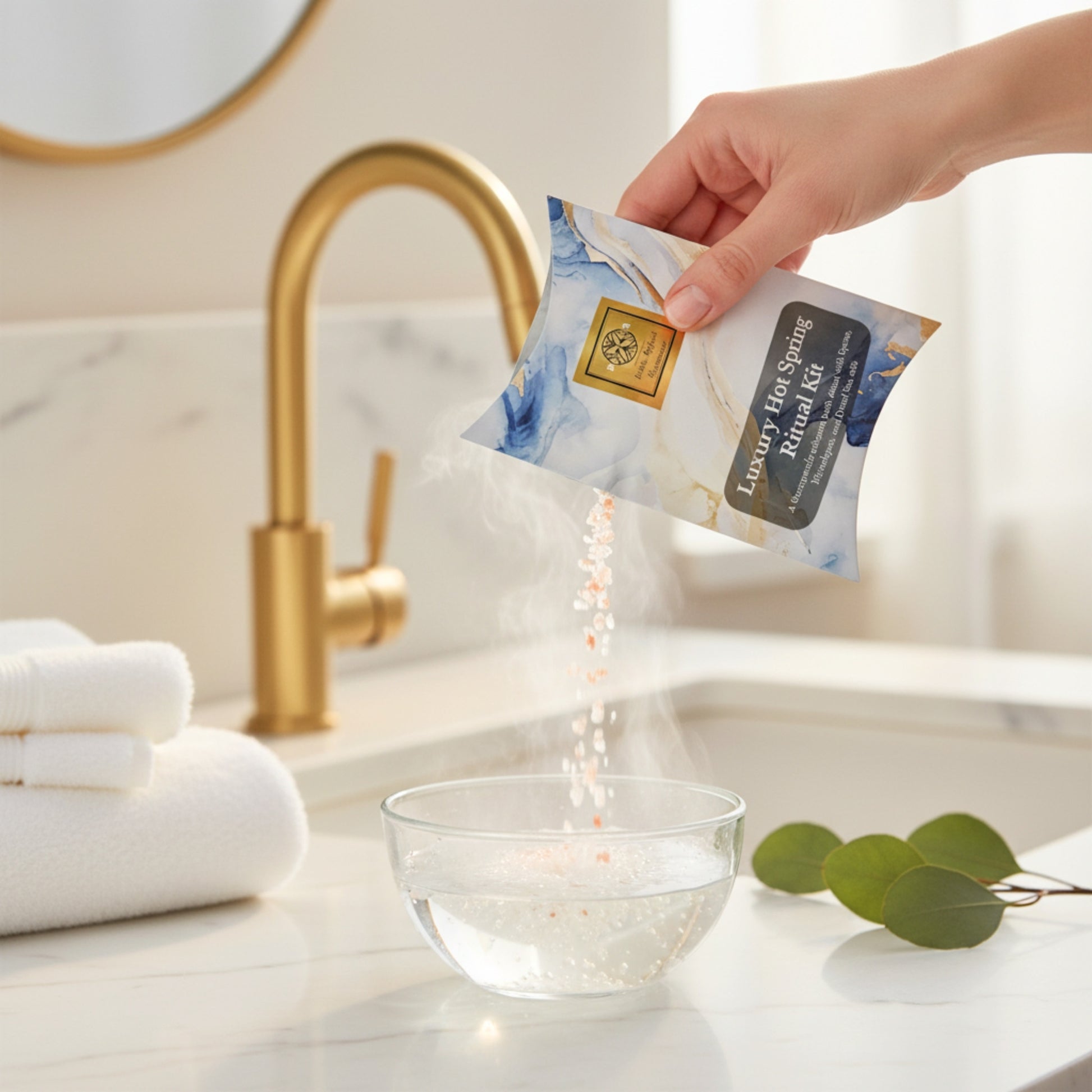 Hand pouring a packet of laundry detergent into a glass bowl on a bathroom counter. BATHEIA Bath Salts Travel Kit | Single-Use Mineral Soak with Epsom, Dead Sea & Himalayan Salts – Infused with Niacinamide & Vitamin B5