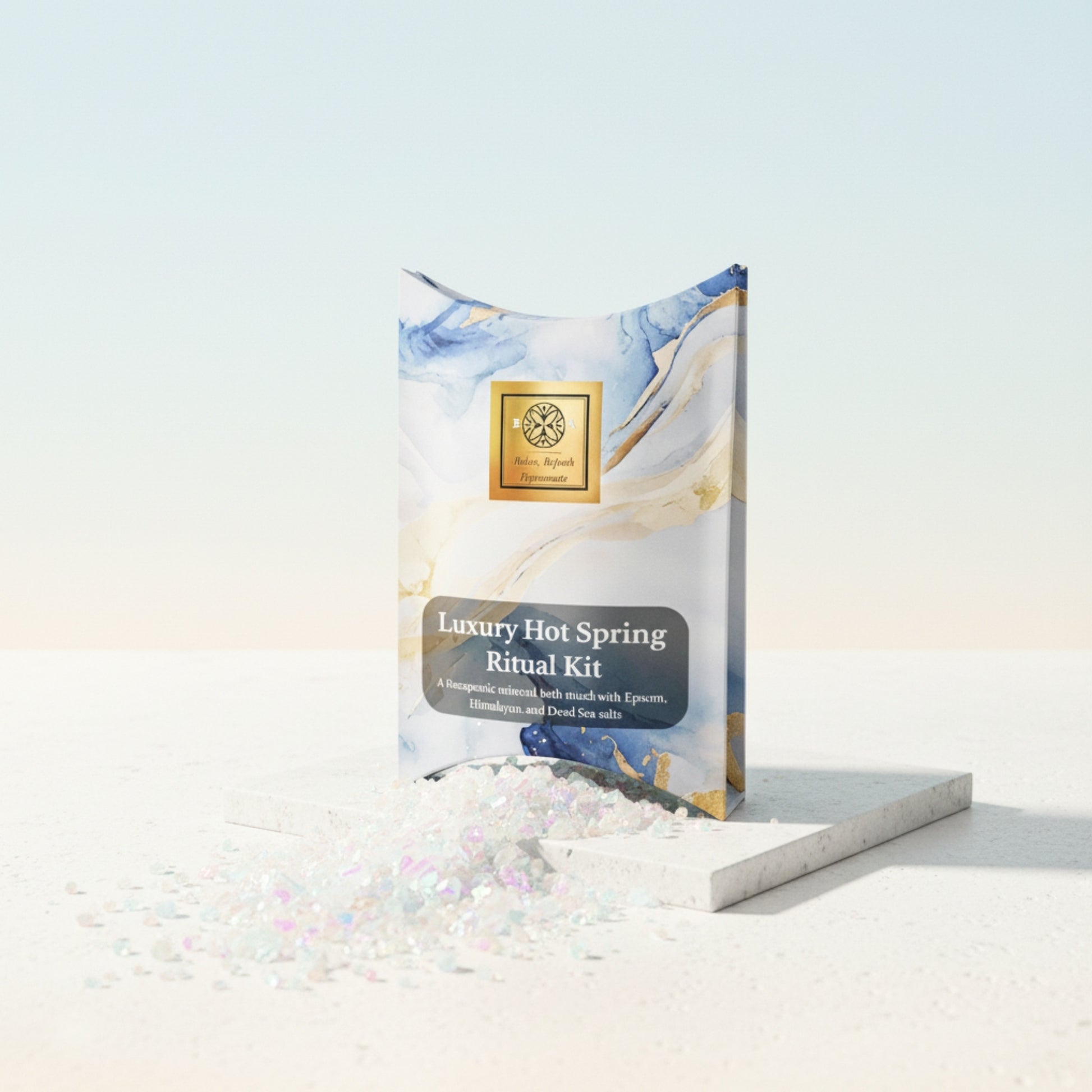 Luxury Hot Spring Ritual Kit packaging with bath salts on a white background