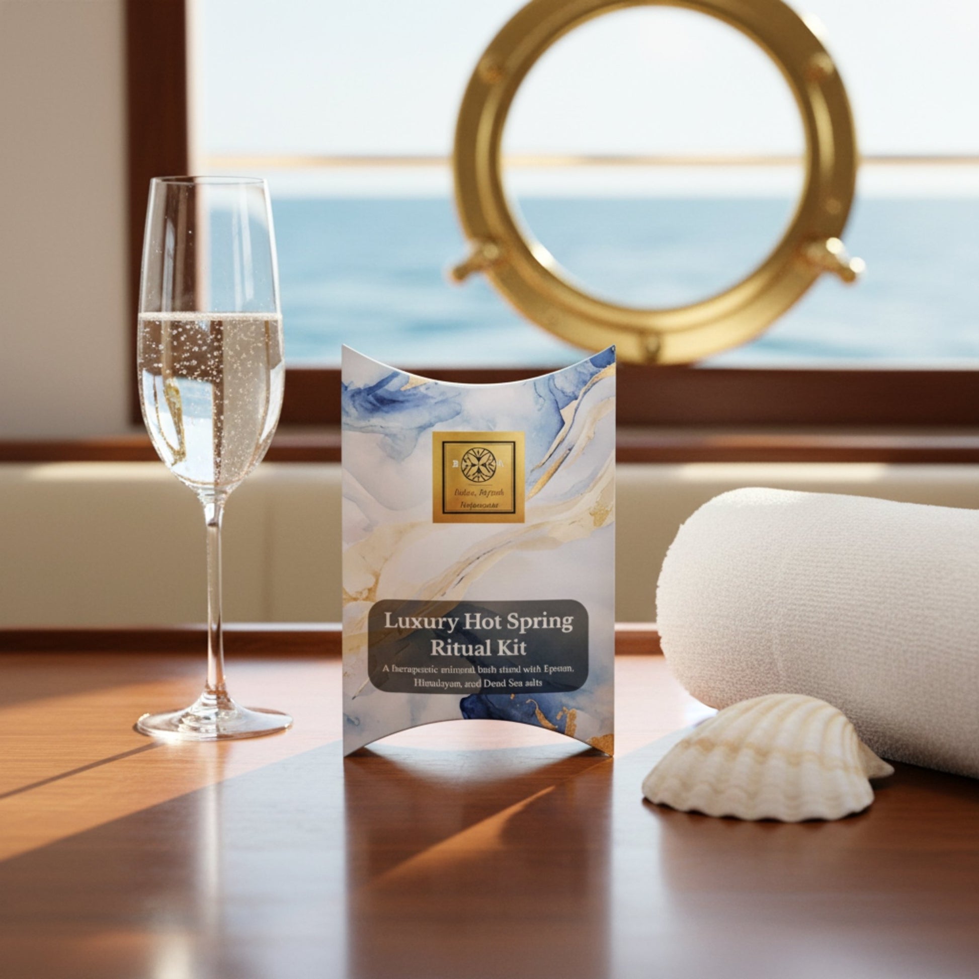 Luxury Hot Spring Ritual Kit with a glass of champagne and shell on a wooden surface. Hand pouring a packet of laundry detergent into a glass bowl on a bathroom counter. BATHEIA Bath Salts Travel Size