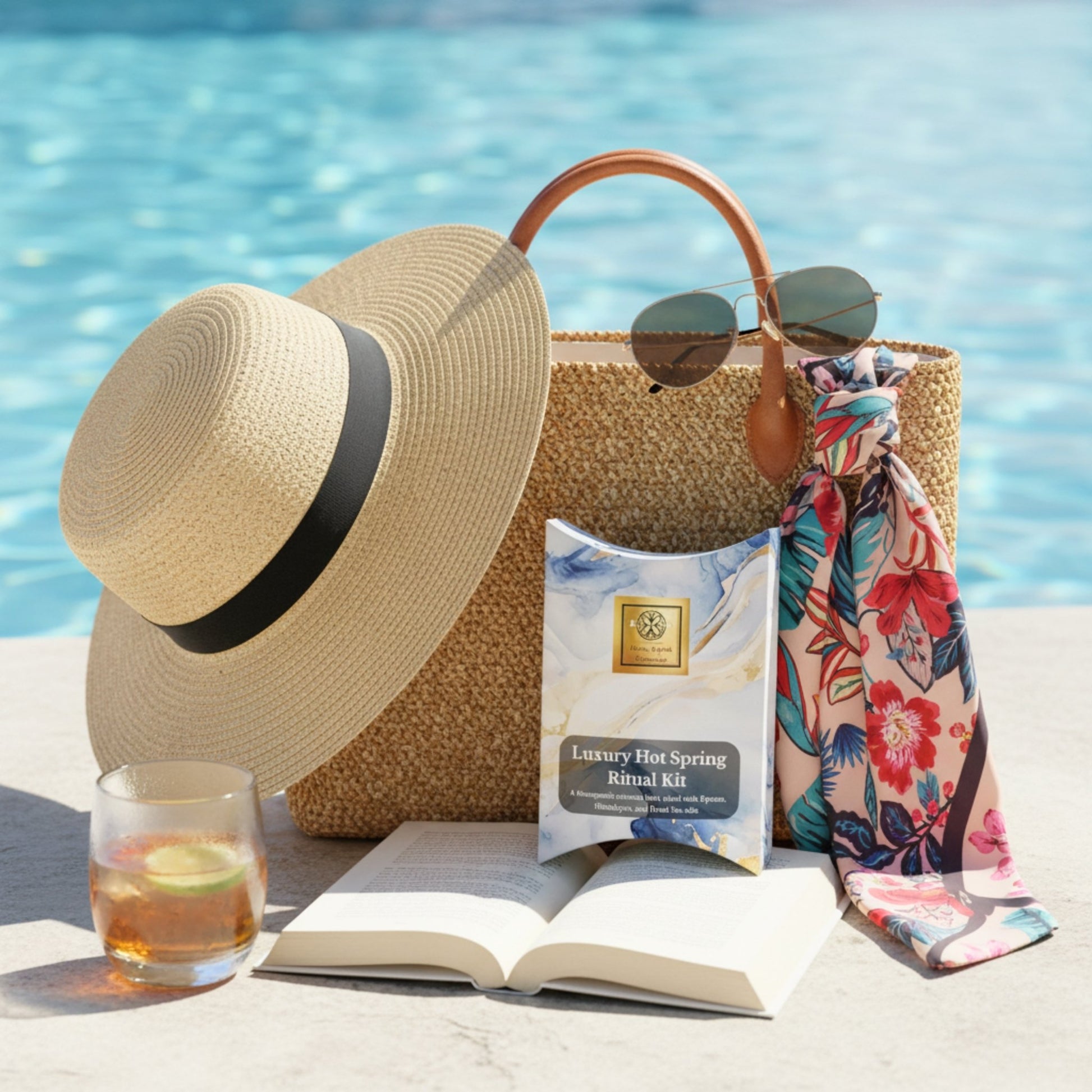 Sun hat, straw bag, floral towel, book, and drink by a poolside- BATHEIA Bath Salts Travel Kit | Single-Use Mineral Soak with Epsom, Dead Sea & Himalayan Salts – Infused with Niacinamide & Vitamin B5