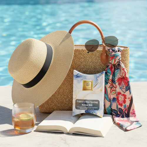 Sun hat, straw bag, floral towel, book, and drink by a poolside- BATHEIA Bath Salts Travel Kit | Single-Use Mineral Soak with Epsom, Dead Sea & Himalayan Salts – Infused with Niacinamide & Vitamin B5
